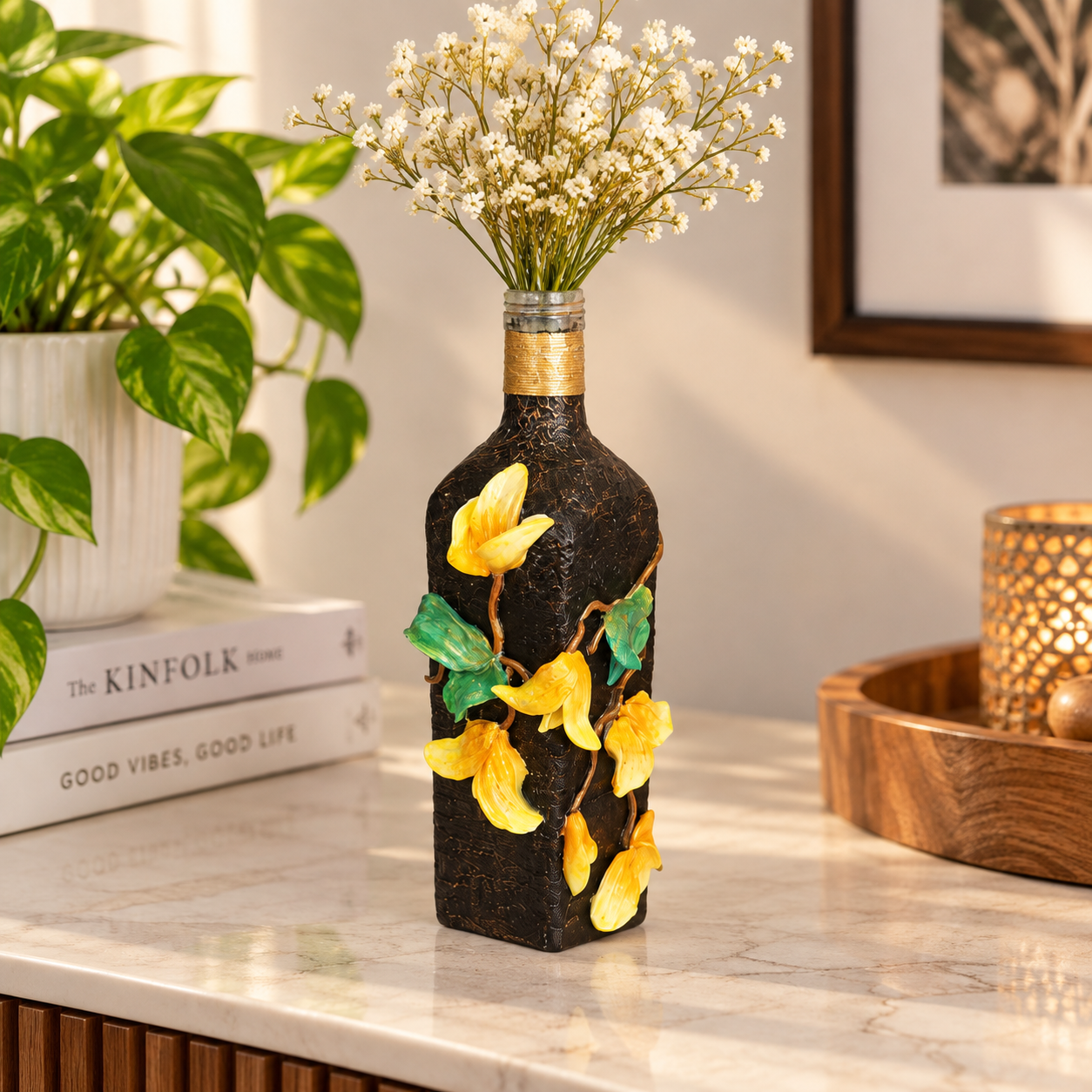 Handcrafted Black & Gold Floral Decorative Bottle Vase